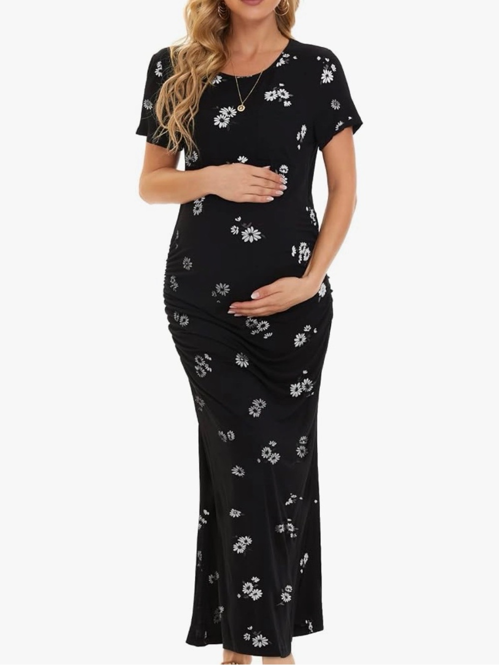 Black Floral Maternity Maxi Dress - Short Sleeve